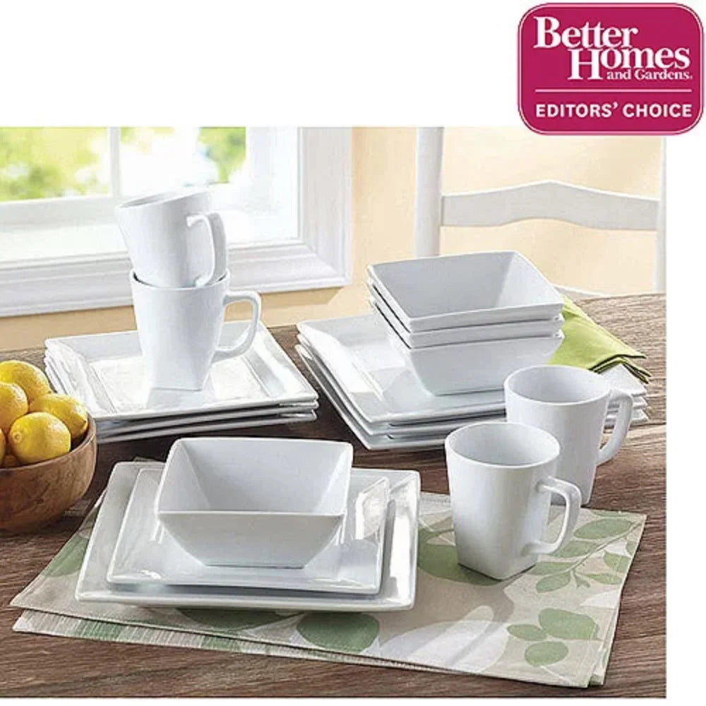 16 Piece Square Porcelain Dinnerware Set, White  Serving Dishes Sets  Dinner Plate Set