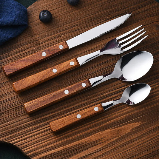 4PC/set Knife Fork Spoon With Wood Handle Tableware - Stainless Steel Cutlery