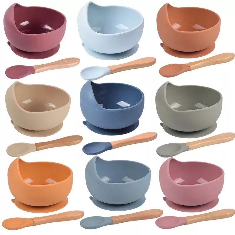 2PCS Silicone Baby Feeding Bowl with Wood Spoon Set