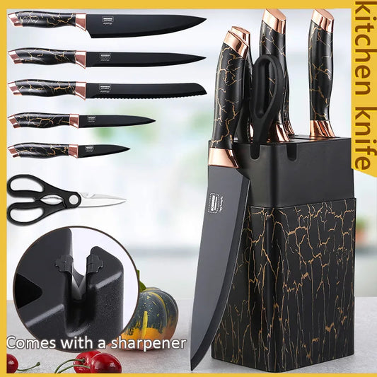 Culinary Mastery 7-Piece Knife Set with Grindstone and Marble Textured Handles