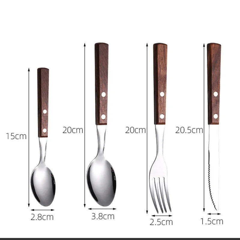 4PC/set Knife Fork Spoon With Wood Handle Tableware - Stainless Steel Cutlery