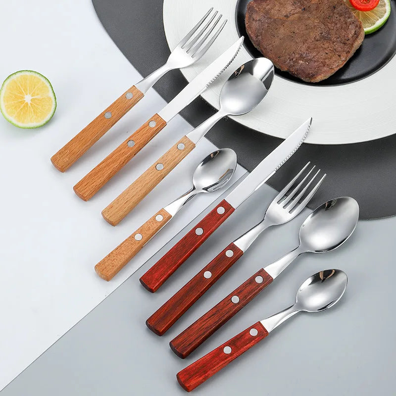 4PC/set Knife Fork Spoon With Wood Handle Tableware - Stainless Steel Cutlery