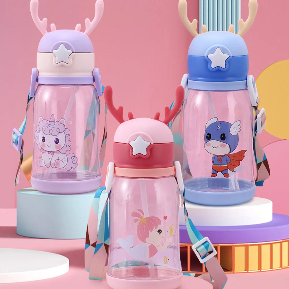 Antler Kids Straw Water Bottle 600ml - School Cup with Shoulder Strap