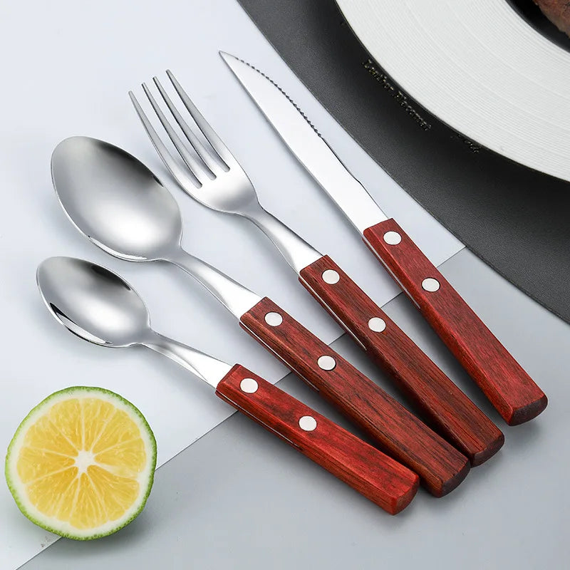 4PC/set Knife Fork Spoon With Wood Handle Tableware - Stainless Steel Cutlery