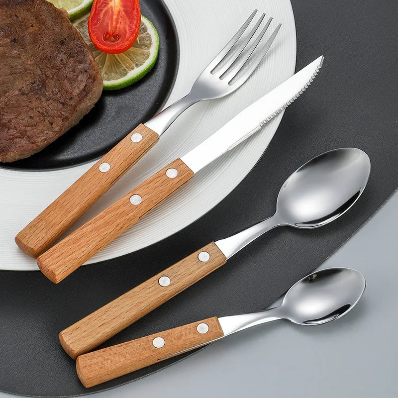 4PC/set Knife Fork Spoon With Wood Handle Tableware - Stainless Steel Cutlery