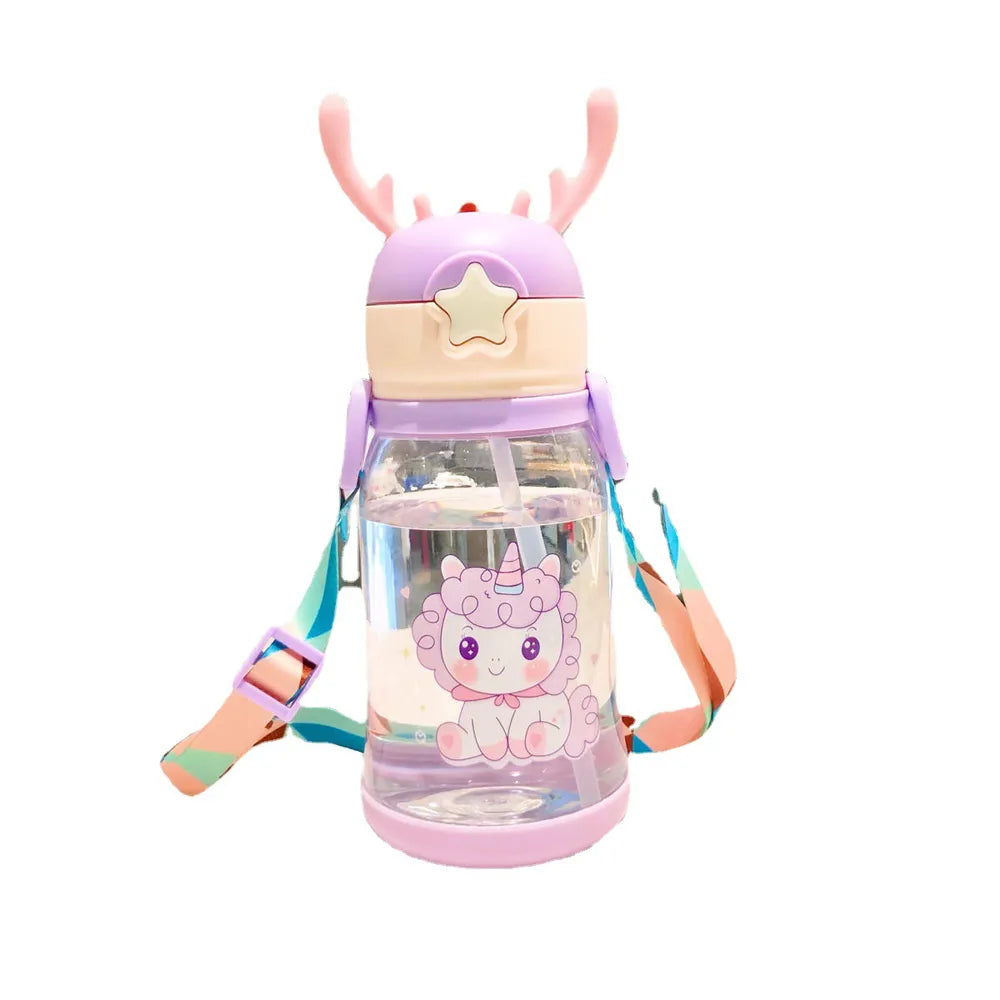 Antler Kids Straw Water Bottle 600ml - School Cup with Shoulder Strap