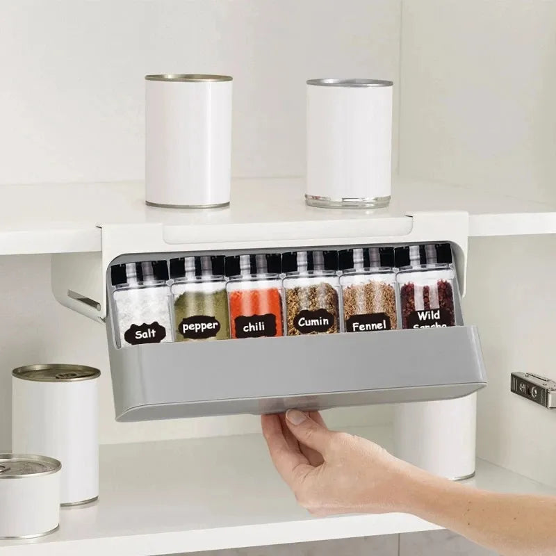 Maximize Your Kitchen Storage with the Self-Adhesive Under-Shelf Spice Organizer Rack!