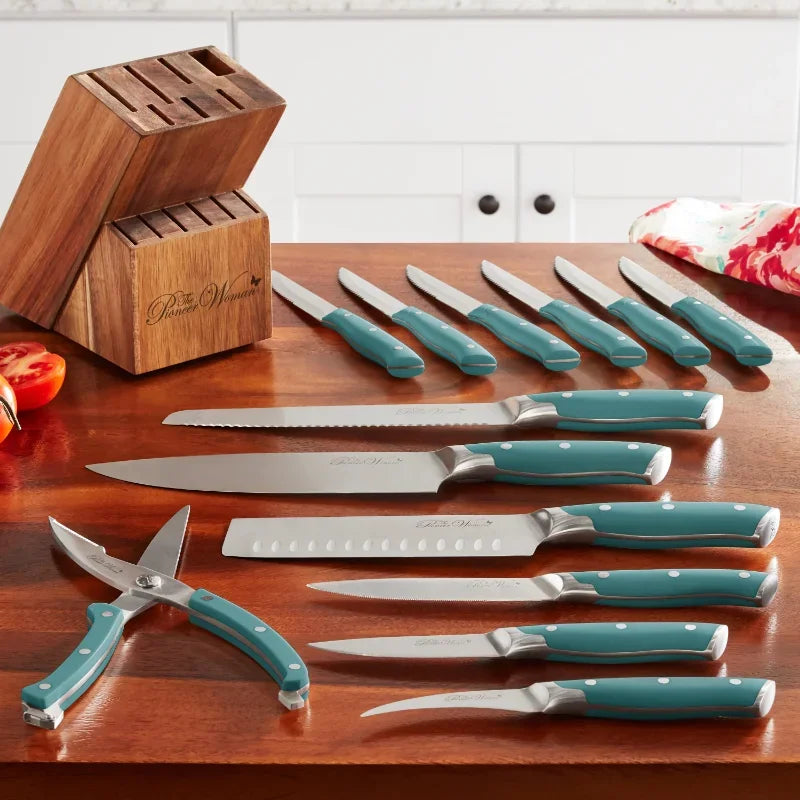 14-Piece Stainless Steel Knife Block Set, Teal