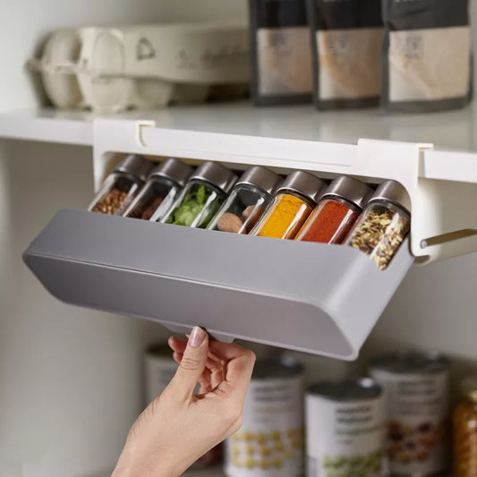 Maximize Your Kitchen Storage with the Self-Adhesive Under-Shelf Spice Organizer Rack!