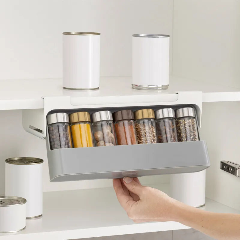 Maximize Your Kitchen Storage with the Self-Adhesive Under-Shelf Spice Organizer Rack!